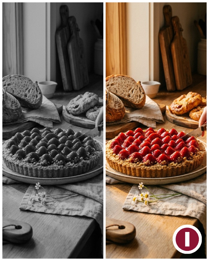 Exemple : avant/après d'une tarte aux fraises assemblé par l'assistant, avec le logo posé en bas à droite